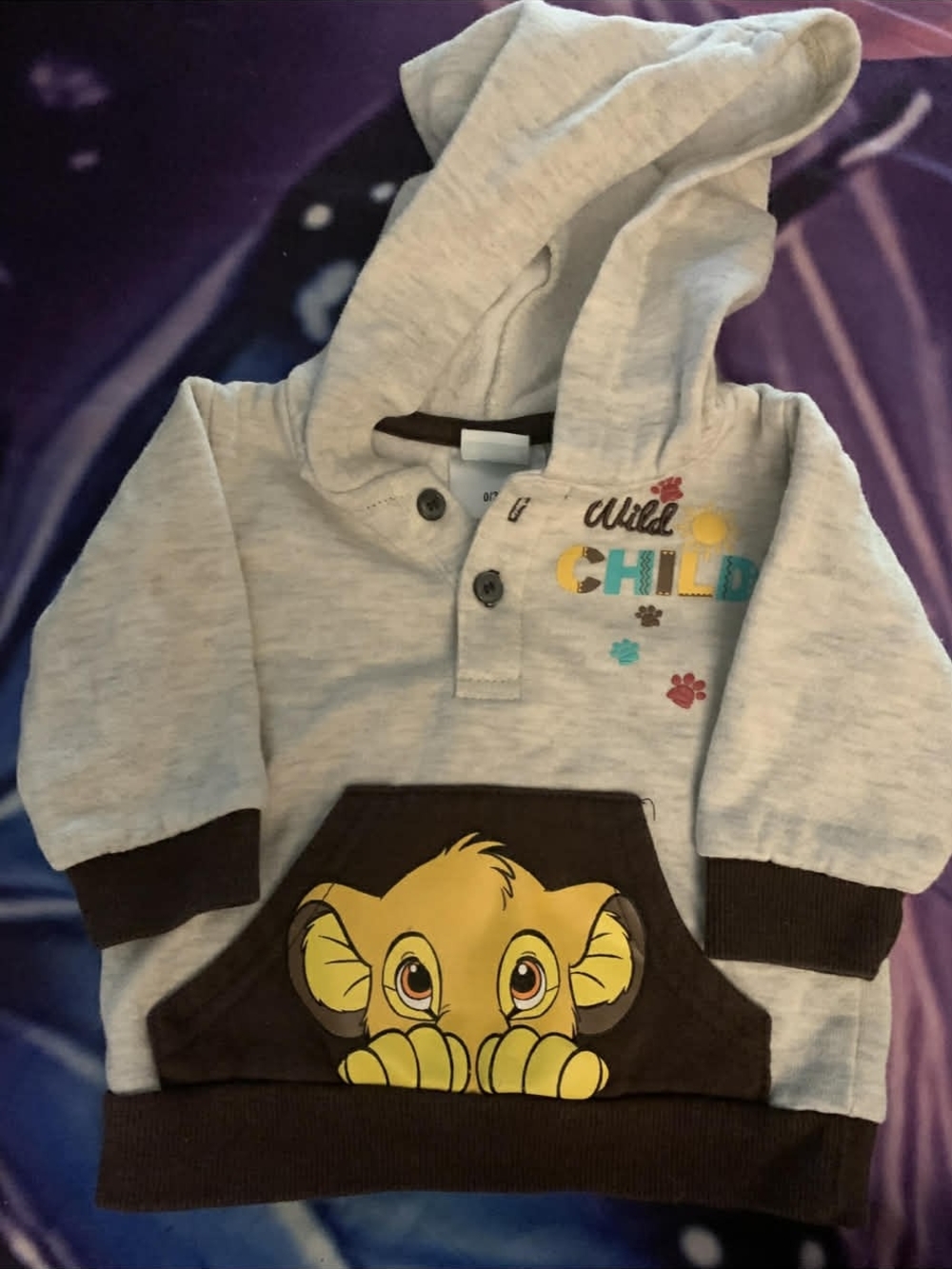 Disney Kids Gray Hoodie Sweatshirt with Brown Pocket & Yellow Lion